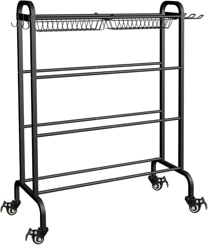 Basketball Racks Holder for Balls with Wheels, Rolling Metal Sports Equipment Storage Stand Organizer with Baskets and Hooks for Basketballs Footballs Volleyball, Black