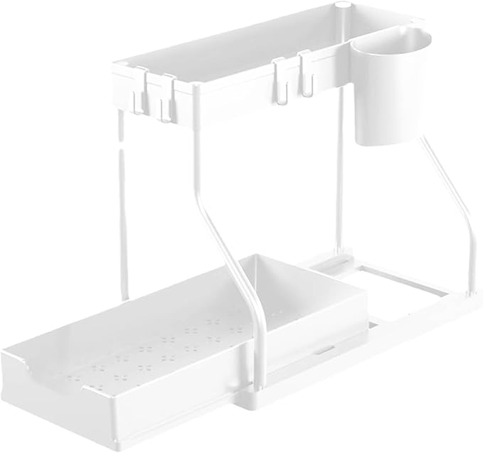 Under Sink Organizers and Storage, 2-Tier Sliding Cabinet Basket Organizer with Hooks, Multi-Purpose Under Sink Organizers and Storage for Bathroom Kitchen (Black and White, 2 PCS)