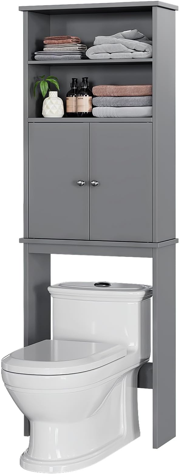 Over the Toilet Storage Cabinet for Bathroom, Storage Cabinets Over Toilet, Bathroom Floor Mounted Cabinet Space Saver with Adjustable Shelf and 2 Open Shelves, 75in, Grey