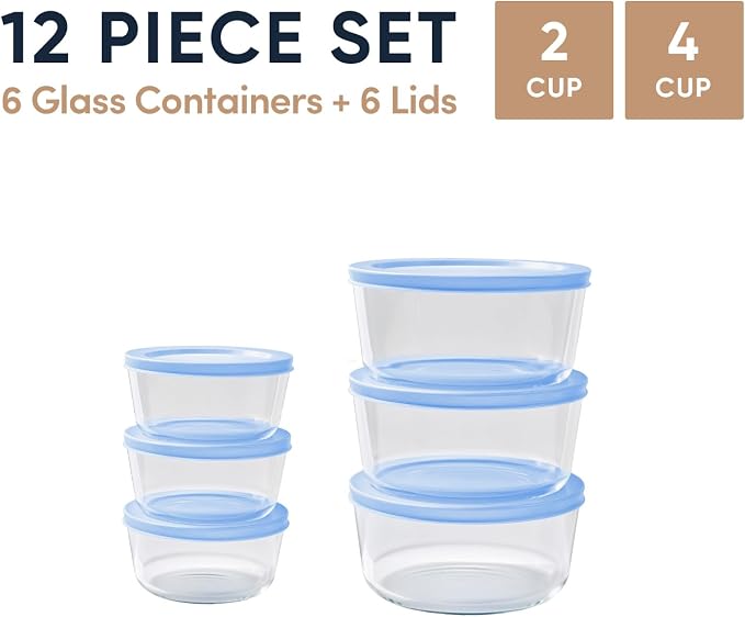 12-Piece Glass Food Storage Containers Set (6 Containers + 6 BPA-Free Lids) | 2-Cup & 4-Cup, Leakproof | Microwave, Freezer, Oven & Dishwasher Safe | Ideal for Meal Prep & Pantry Organization, Blue