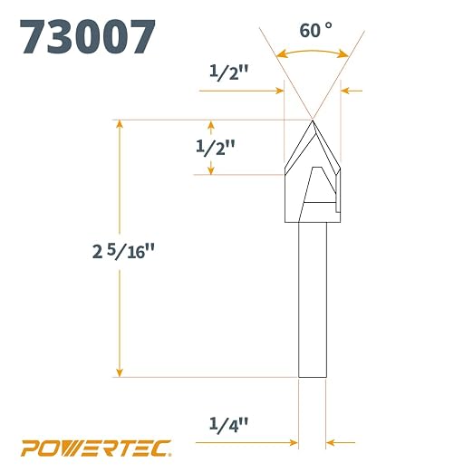 POWERTEC V Groove Router Bits Set, 1/4" Shank, (2) 60-Degree (1/4" & 1/2" Cutting Dia.) & 90-Degree (1/2" Cutting Dia.) Woodworking Router Bits for use on CNC Machine and Router Tool (73031)
