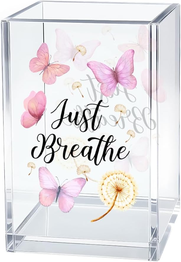 Just Breathe Acrylic Cosmetic Organizer Pen Holder, Anxiety Relaxing Acrylic Desk Holder Cup for Pen Pencil, Dandelion Desk Organizer, Mental Health Office Gifts for Coworker Leader Friend