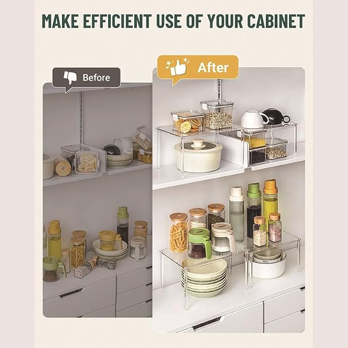 4 Pack Clear Acrylic Spice Rack, 5mm Thick Stackable Cabinet Shelf Riser, No Drill Wall Mounted Kitchen Organizer with Adjustable Feet, Multi-Purpose Storage for Pantry Countertop Bathroom Makeup