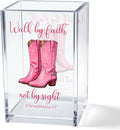 Walk by Faith Not by Sight 2 Corinthians 5:7 Acrylic Cosmetic Pencil Pen Holder Cup, Western Cowgirl Desk Organizer for Home Office Decor, Pink Christian Faith Gifts for Women Girls Coworkers