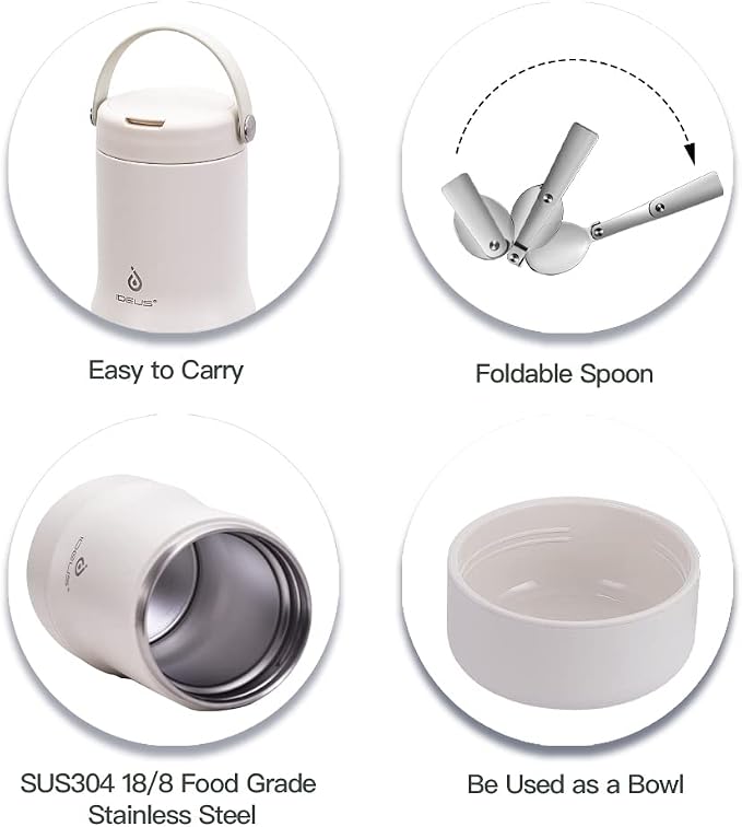 Ideus Soup Thermo with Foldable Spoon and Bowl 20oz, All-in-one Insulated Bento Lunchbox Stainless Steel Leakproof Portable Soup Container Vacuum Thermal Food Jar for Lunch, White