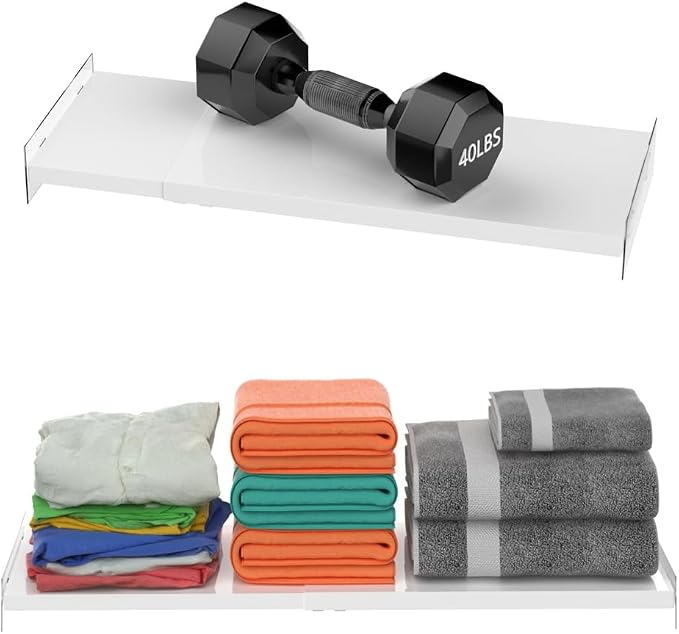 Slideep Expandable Closet Tension Shelf, Metal Adjustable Wardrobe Shelves Organizer System with Strong Seamless Sticker for Kitchen, Wardrobe, Cupboard 2 Pack (L:16.9'' to 31.5"; W:11.8")