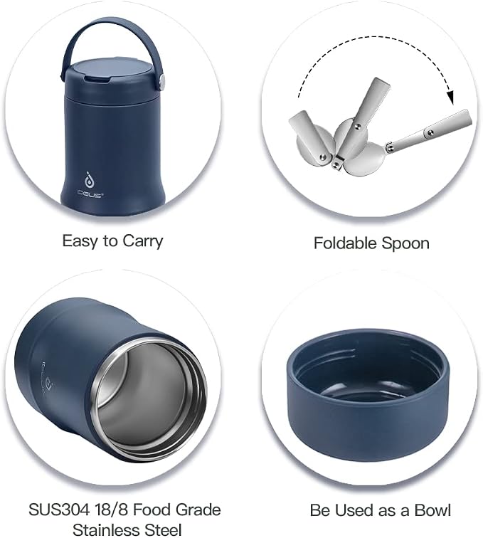 Ideus Soup Thermo with Foldable Spoon and Bowl 20oz, All-in-one Insulated Bento Lunchbox Stainless Steel Leakproof Portable Soup Container Vacuum Thermal Food Jar for Lunch, Navy Blue