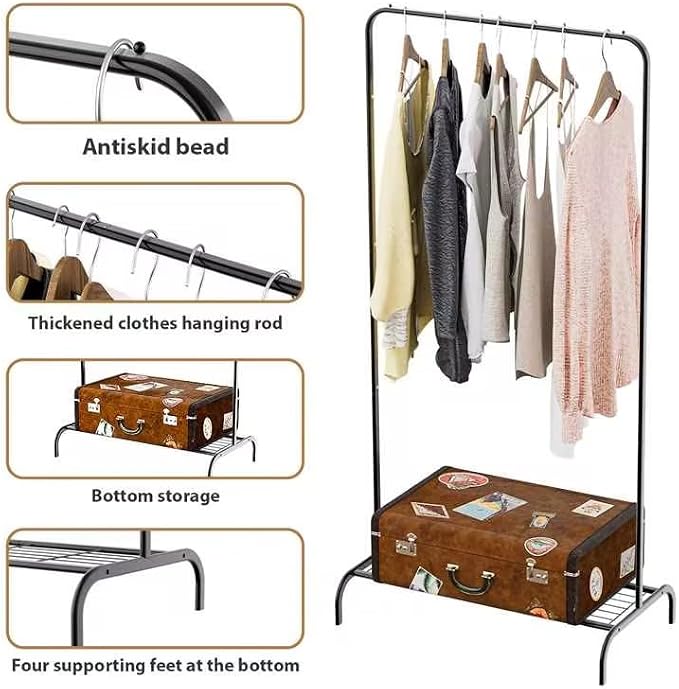 Black Clothing Rack for Small Spaces, 45" Height Garment Rack for Small Spaces, Stable Standing Clothing Organizer with Bottom Shelf, Portable Rack for Dorm, Apartment & Studio, 92LBS Capacity