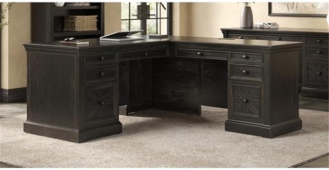 Pemberly Row 66" W Wood L-Desk & Return Writing Table, Dark Brown Finish, Keyboard Drawer, Locking File Drawers, Utility Storage, Wire Management, AC Power Outlets, Home Office Desk