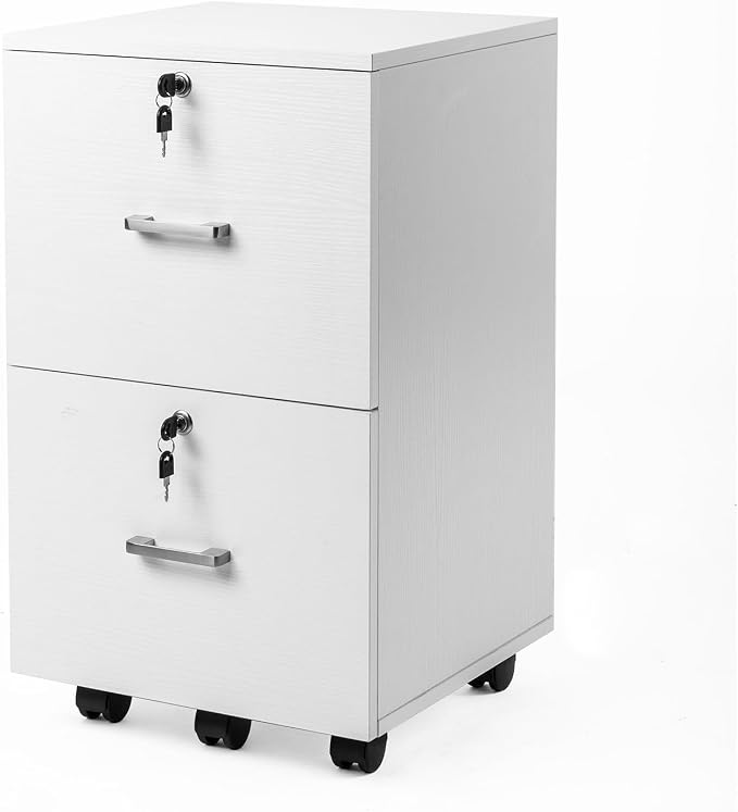 VINGLI 2 Drawer File Cabinet with Lock, Wood Grain White File Cabinets for Letter Size File Folders with Tabs, Mobile Under Desk Filing Cabinets for Home Office, Rolling Filing Cabinet Printer Stand
