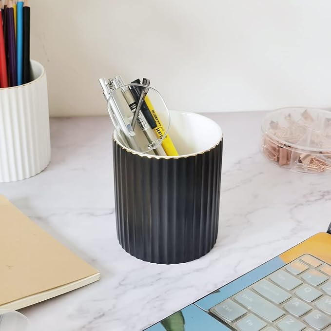 CROWNOS Pen Holder for Desk, Ceramic Pencil Cup Office Desk Organizer, Makeup Brush Holder, Black