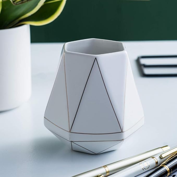 Ceramic Desk Cute Pen Holder Stand Gold Line Pencil Cup Pot Desk Organizer Makeup Brush Holder (White)