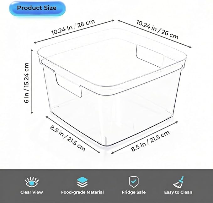 MOONEDGE 4-Pack 10x10x6 Clear Plastic Cube Storage Bins with Handles | Acrylic hard square organizer containers for closet,pantry,fridge,kitchen,bathroom,laundry,under-sink,cabinet organization