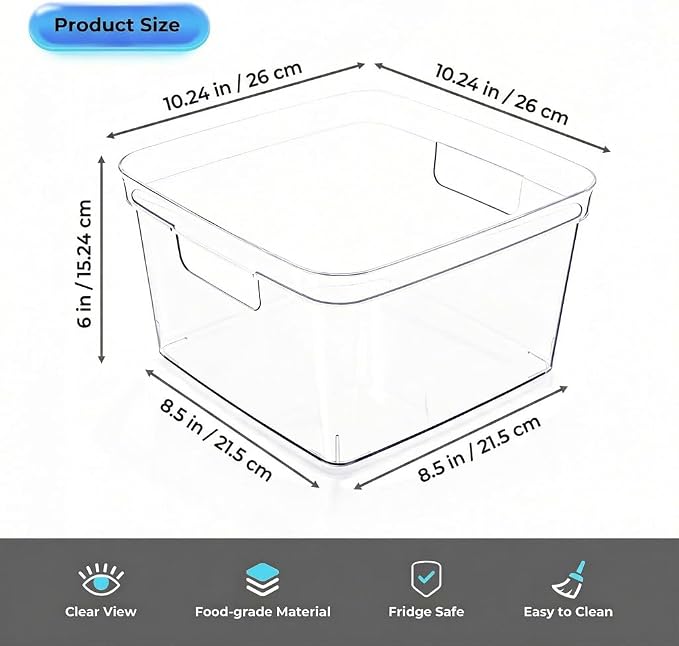 MOONEDGE 8-Pack 10x10x6 Clear Plastic Cube Storage Bins with Handles | PET square organizer containers for closet,pantry,kitchen,fridge,playroom,bathroom,under-sink,all-in-one organization