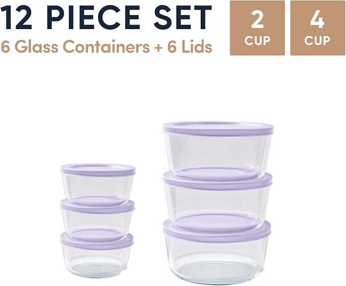 12-Piece Glass Food Storage Containers Set (6 Containers + 6 BPA-Free Lids) | 2-Cup & 4-Cup, Leakproof | Microwave, Freezer, Oven & Dishwasher Safe | Ideal for Meal Prep & Pantry Organization, Purple