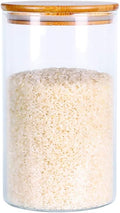Borosilicate glass food storage jar with bamboo lid filled with rice