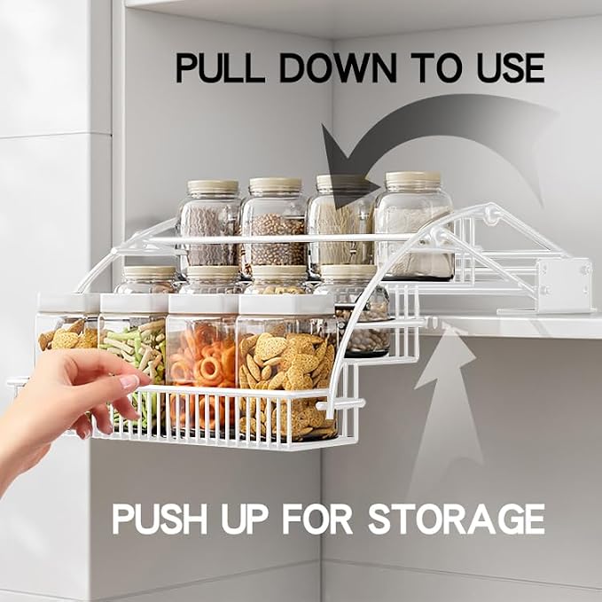 3-Tier Pull Down Spice Rack Organizer for Inside Cabinet Expandable Display Riser Shelf Seasoning Shelf (12.4IN/White)