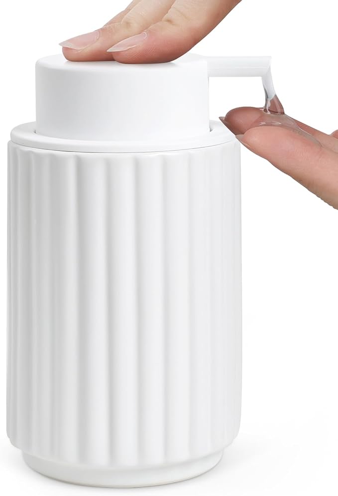 Soap Dispenser, Liquid White Ceramic Refillable Hand Soap Pump for Bathroom Kitchen, 10.5OZ Lotion Dispenser Dish Soap Dispenser, Modern Stripe Design, ANTIS'S HOME
