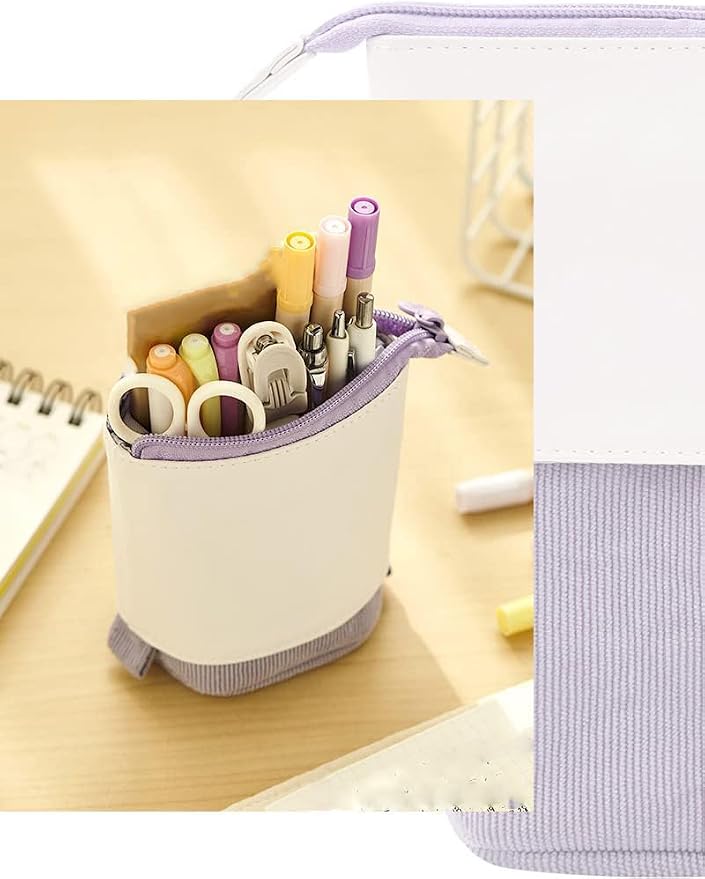 Telescopic Pencil Bag Pen Holder Stationery Case, PU Corduroy Stand-up Retractable Transformer Bag Colorful Organizer, Great for Christmas Holiday (Black)