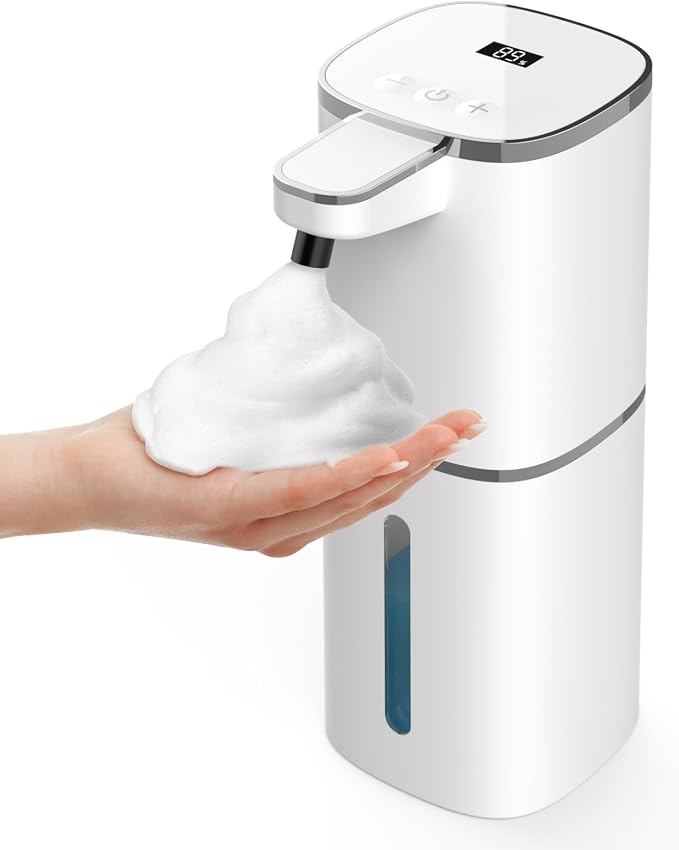 Luxspire 420ml Automatic Foaming Soap Dispenser for Bathroom, White | Touchless foam soap dispenser, IPX5 waterproof, 9 foam levels, LED power display fits hand soap dish wash body wash