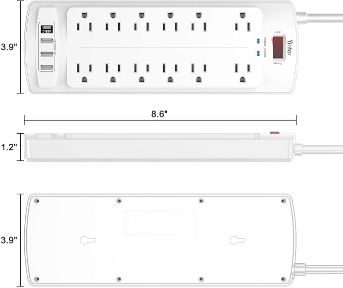 6 Feet Extension Cord Power Strip, Yintar Surge Protector with 12 AC Outlets and 4 USB Ports, 2700 Joules, ETL Listed, White