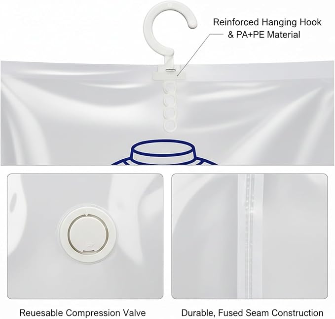 Hanging Vacuum Storage Bags for Clothes - Reusable PA+PE Space Saver Bag for Closet Organization, Fits Standard Rods (1 Pack, White)