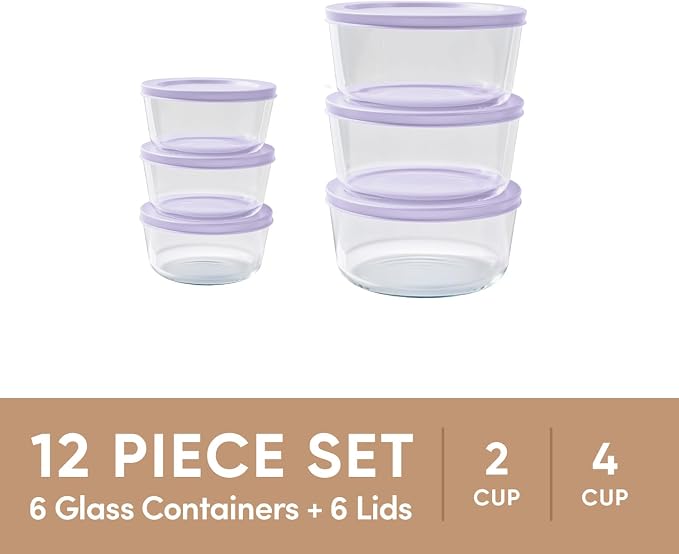 12-Piece Glass Food Storage Containers Set (6 Containers + 6 BPA-Free Lids) | 2-Cup & 4-Cup, Leakproof | Microwave, Freezer, Oven & Dishwasher Safe | Ideal for Meal Prep & Pantry Organization, Purple