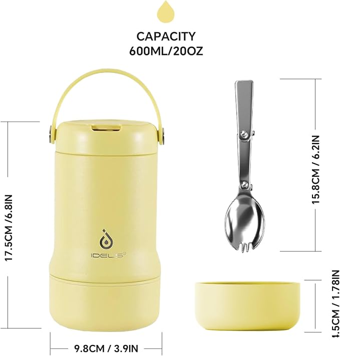 Ideus Soup Thermo with Foldable Spoon and Bowl 20oz, All-in-one Insulated Bento Lunchbox Stainless Steel Leakproof Portable Soup Container Vacuum Thermal Food Jar for Lunch (Light Yellow)