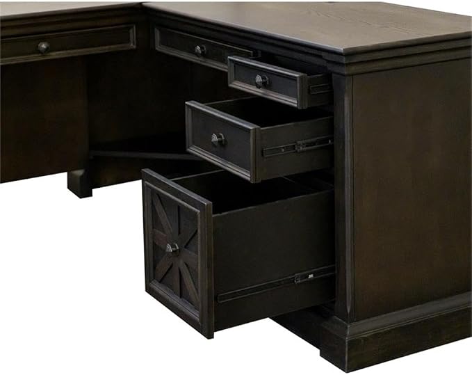 Pemberly Row 66" W Wood L-Desk & Return Writing Table, Dark Brown Finish, Keyboard Drawer, Locking File Drawers, Utility Storage, Wire Management, AC Power Outlets, Home Office Desk