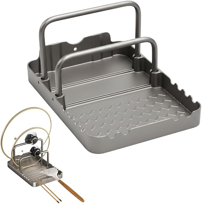 MiOYOOW Pot Lid Holder, Chopping Board Rack with Spoon Rest Non-Slip Pan Organiser for Baking Tray Cookware Kitchen Barbecue