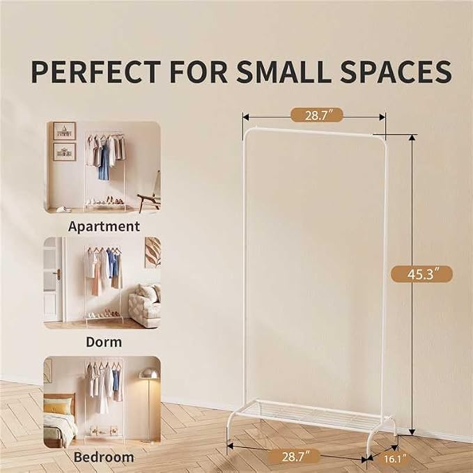 Small White Clothing Rack, Freestanding Metal Garment Rack with Bottom Shelf, Stable Clothes Rack for Small Spaces, Bedroom, Dorm, Apartment, 92LBS Capacity