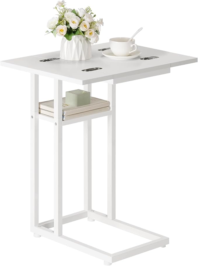 HOOBRO Foldable C Shaped End Table, C Shaped Side Table with Storage Shelf, Small Snack Table, Slide Under Couch Table for Sofa, Living Room Bedroom Small Spaces Easy Assembly, White WW29SF01