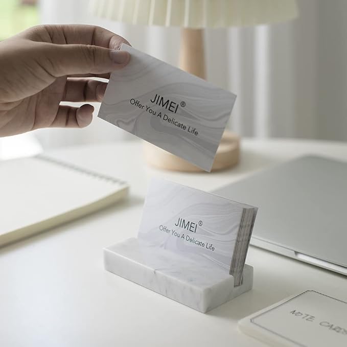 JIMEI Marble Business Card Holder for Desk Organizer Stand 25 Cards Display | White Carrara Marble, holds up to 25 cards,Elegant Minimal Style, Practical Cute Office Desktop Organizer For Men & Women