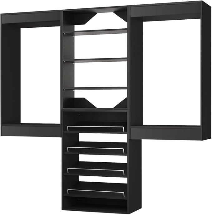 ROOMTEC Modular Closet System, 72" Wall Mounted Closet Organizer with Hanging Rods and Shoe Shelf, Wooden Tower for Walk-In Closets, Wardrobe Storage Kit, Black