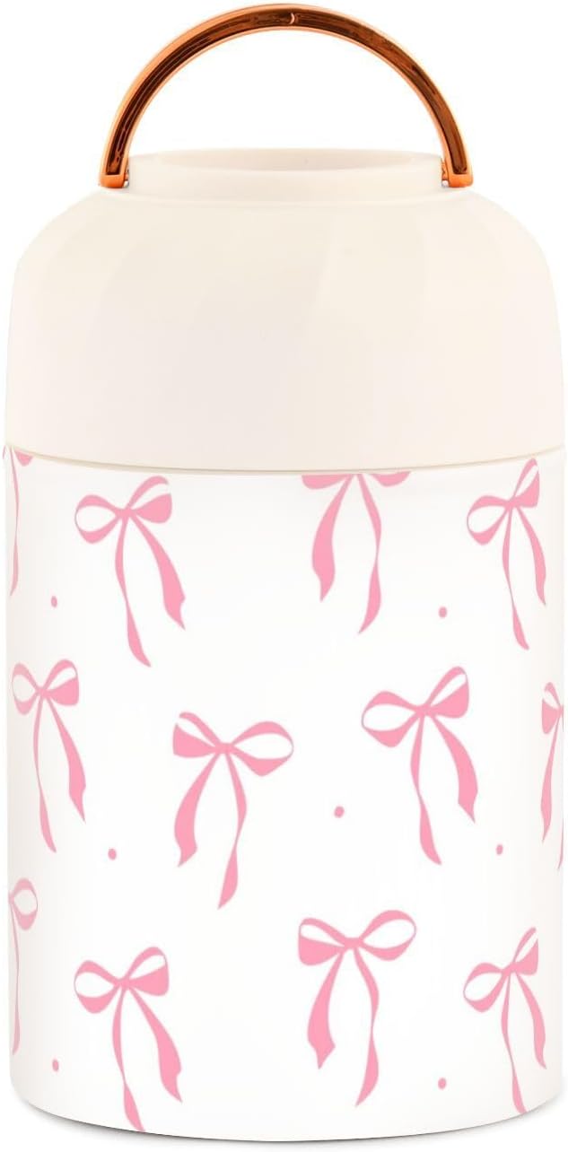 Pink Bow Vacuum Insulated Food Jar with Spoon, 17oz Stainless Steel Hot Cold Lunch Container, Wide Mouth Leakproof Soup Thermo for Kids Adults