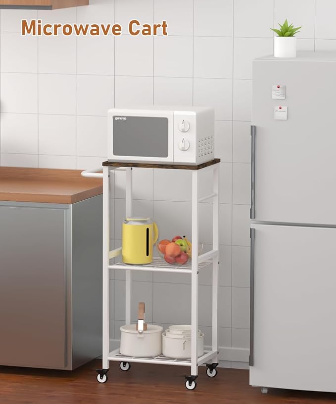 Kitchen Microwave Stand Cart with Storage Rack, 3-Tier Rolling Kitchen Side Table on Wheels with 8 Hooks, Utility Small Coffee Shelf Organizer for Living Room, Bedroom, Bathroom, Office, White