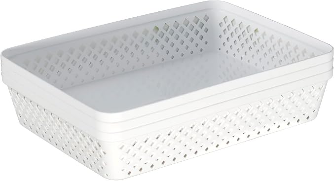 Glad Plastic Storage Basket Set - Multipurpose Drawer Trays, Kitchen Pantry Containers, and Bathroom Bins - Large Organizers, White, 3 Count (Pack of 4)