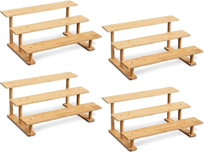 CROISSANT Bamboo and Wood 3 Tier Cupcake Stand, Food Display Risers for Party , Statues and Lego Displays, Cologne Stand, Perfume Display Stand（3 Tier，4Pack）