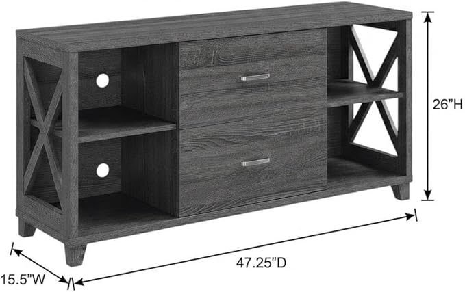 Furnifact Gray Deluxe 2 Drawer TV Stand with Shelves for Up to 55-Inch TVs, Transitional Coastal Style, Particle Board MDF Construction
