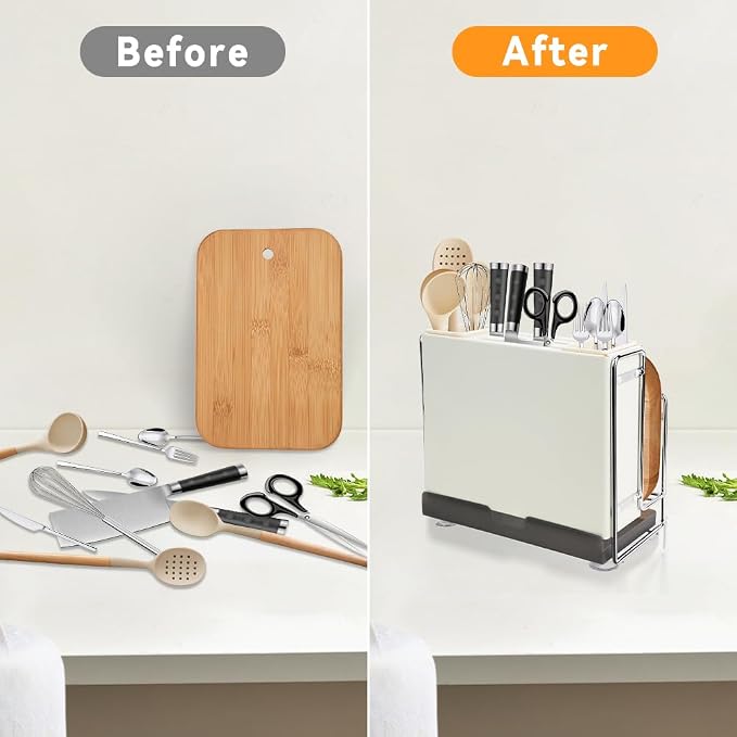 Knife Holder, Knife Block Multifunctional Large Capacity with Cutting Board Organizer, Kitchen Knife Block Utensil Stand Storage for Countertop Kitchen (White)
