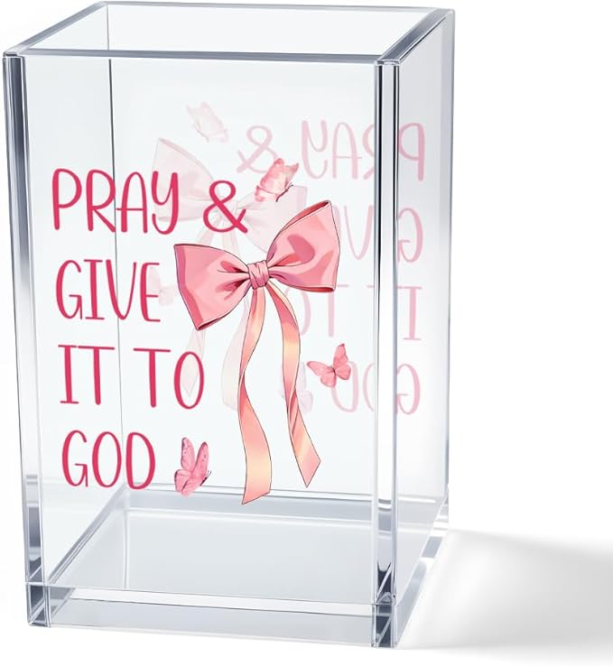Pray & Give It To God Girly Acrylic Cosmetic Pencil Pen Holder Cup, Coquette Bow Preppy Desk Organizer Accessories for Home Office Decor, Pink Christian Gifts for Women Girl Daughter Coworker