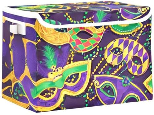 Mardi Gras Mask Storage Bins with Lids and Carrying Handle,Foldable Storage Boxes Organizer Containers Baskets Cube with Cover for Home Bedroom Closet Office