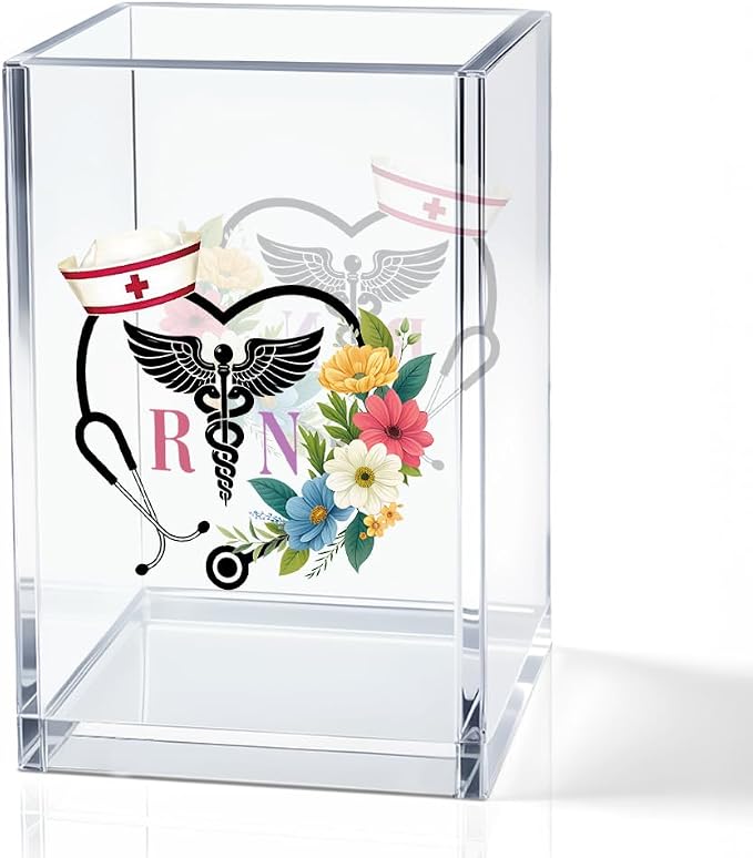 RN Acrylic Pencil Holder Cup, Floral Stethoscope Pen Holder for Women Nurse, Appreciation Thank You Gifts for Registered Nurse CAN MA, Nurse Week Decor RN Gifts, Nurse Day Present