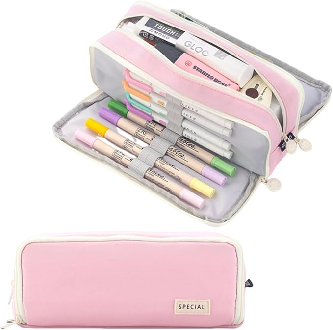 iSuperb 3 Compartments Pencil Case Pouch Big Capacity Pencil Holder for Kids Teen Girls Boys Student School Supplies Oxford Stationery Storage Cosmetic Case (Pink)
