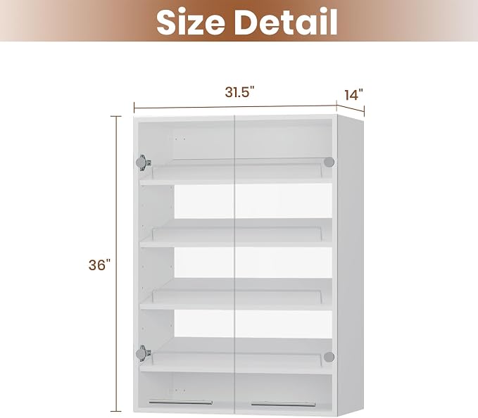 ROOMTEC 31.5" Shoe Shlef Tower Wardrobe Closet with Clear Glass Doors, Wall Mounted Modular Closet System, Clothes Storage Unit for Bedroom or Walk-in Closet, White
