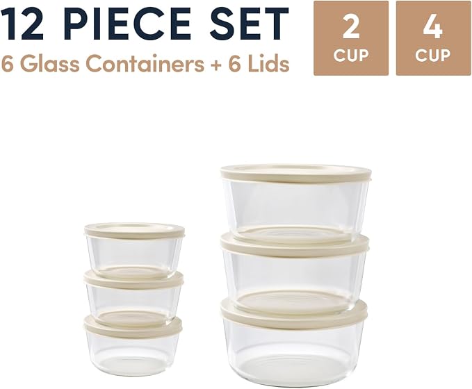 12-Piece Glass Food Storage Containers Set (6 Containers + 6 BPA-Free Lids) | 2-Cup & 4-Cup, Leakproof | Microwave, Freezer, Oven & Dishwasher Safe | Ideal for Meal Prep & Pantry Organization, Beige