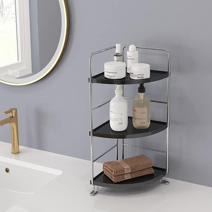 3 Tier Bathroom Corner Organizer Countertop, Vanity Counter Skincare Makeup Storage Shelf, Bathroom Sink Countertop Organizer, Black