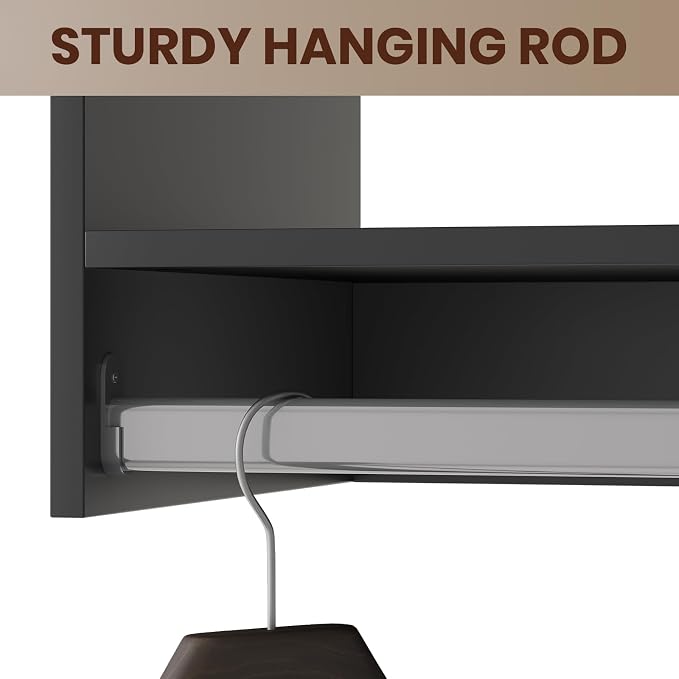 ROOMTEC Modular Closet System, 90" Wall-Mounted Closet Organizer with Hanging Rods, Modern Wooden Tower for Walk-In Closets, Wardrobe Storage Kit, Black