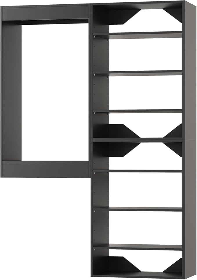 ROOMTEC Modular Closet System, 64" Wall-Mounted Closet Organizer with Hanging Rods and Shelves, Wooden Tower for Walk-In Closets, Wardrobe Storage Kit, Black
