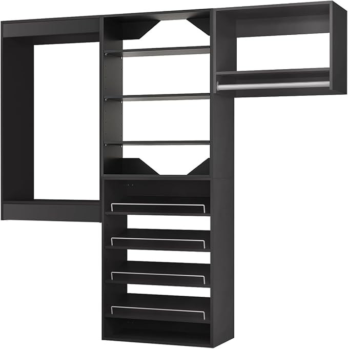ROOMTEC Modular Closet System, 60" Wall Mounted Modern Closet Organizer with Hanging Rods and Shoe Shelf, Wooden Tower for Walk-In Closets, Wardrobe Storage Kit, Black